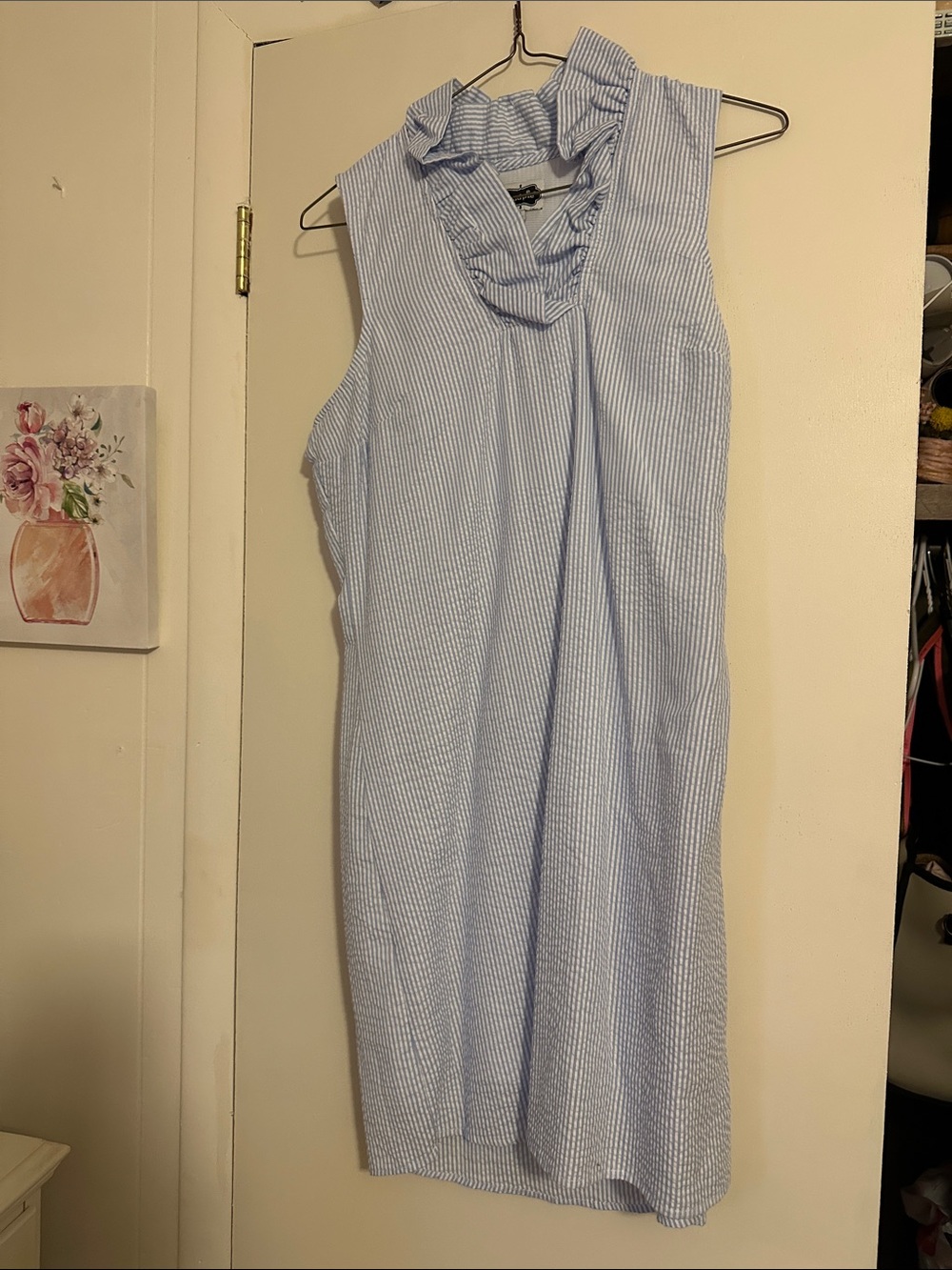 Mud Pie Light Blue and White Striped Ruffle-Neck Mini Dress